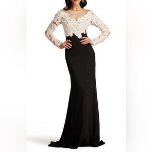 Tadashi Shoji Floral Lace Bodice Mixed Media Long Sleeve Gown